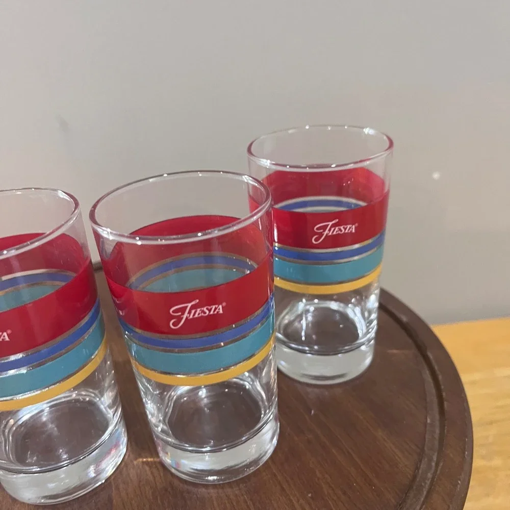 Vtg Fiesta Juice Glasses Set of 4 Red Blue Yellow‎ Striped Retro Tumblers 4.5
